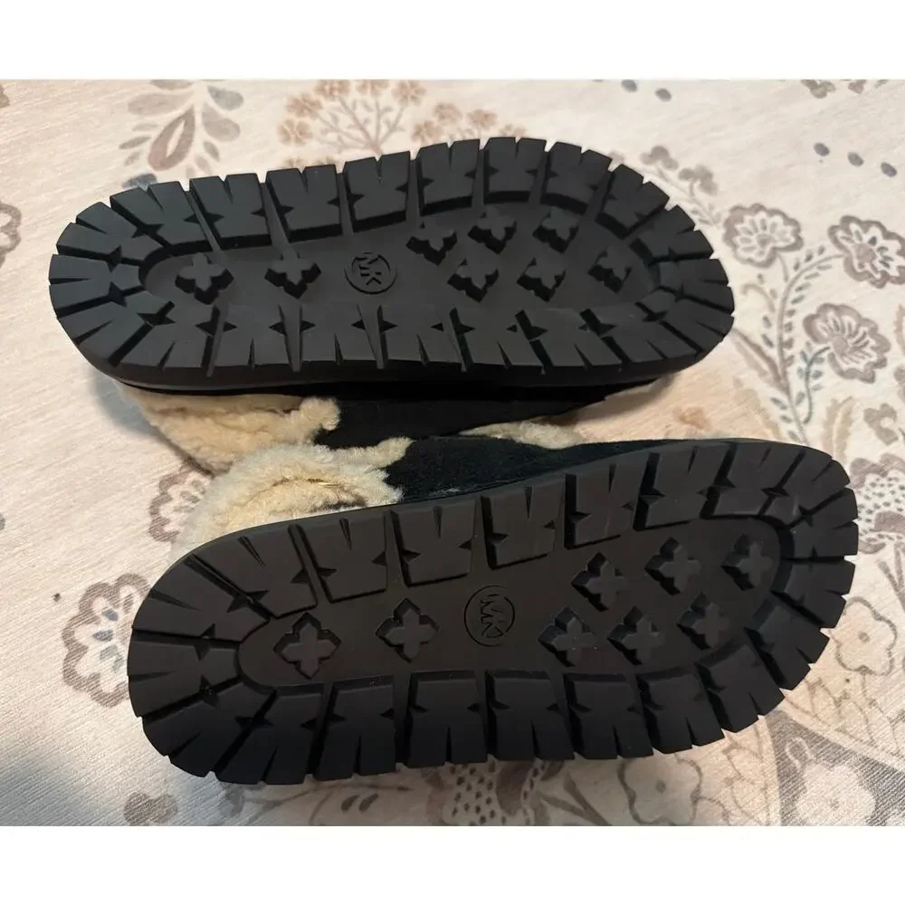Michael Kors Holland Shearling Slides Sandals Black Cream Size 8